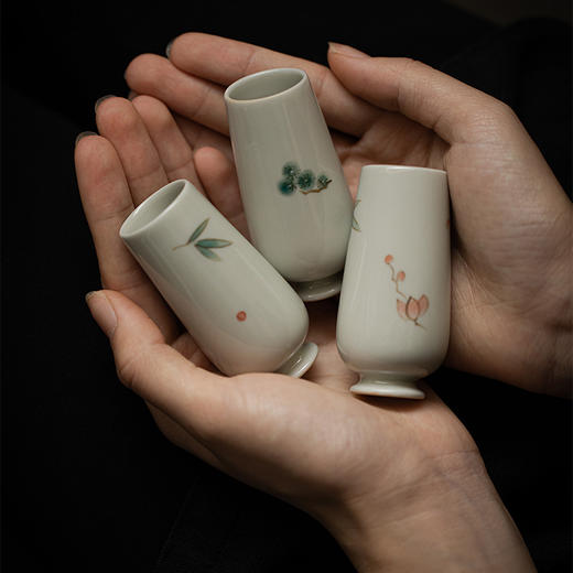束刻秘青手绘文人雅植闻香杯/秘青釉手绘聚香杯 陶瓷 岩茶用喝茶单杯品茗杯 高款杯 商品图1