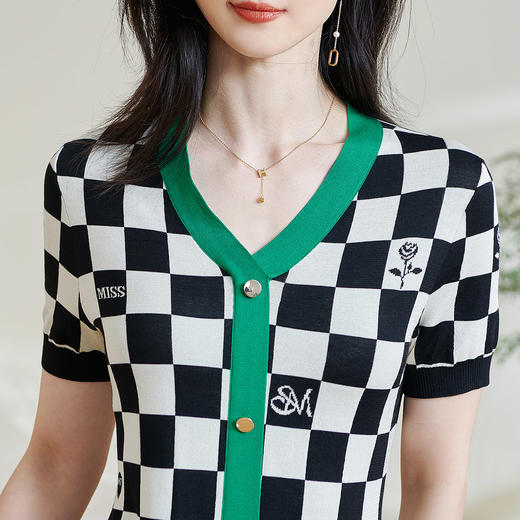 米思阳2026春夏新款时尚别致拼接连衣裙棋盘格弹力针织a字裙0571 商品图4