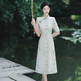 绿色旗袍轻款小清新气质少女修身小个子改良连衣裙KK2027