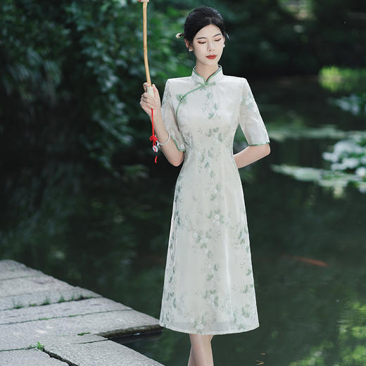 绿色旗袍轻款小清新气质少女修身小个子改良连衣裙KK2027 商品图0