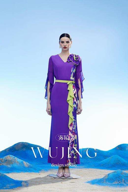 3204111 玉碧紫鸾 韩国进口水晶乔其纱进口纹理蜂窝缎连衣裙 雾境 商品图4