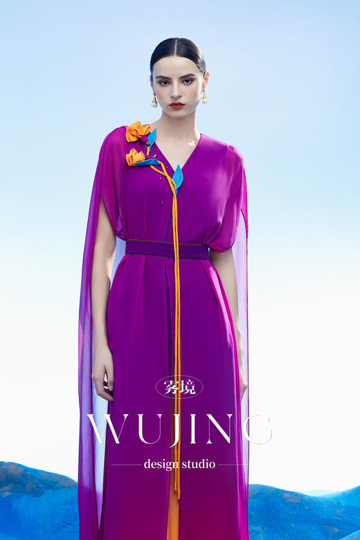 3204102 黄沙黛紫 韩国进口水晶乔其纱进口斜纹织锦缎连衣裙 雾境 商品图1