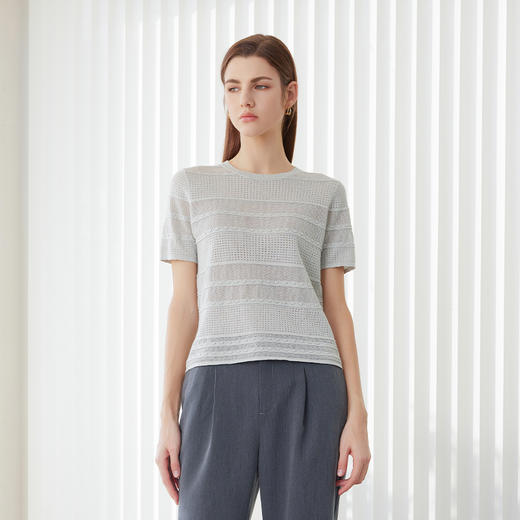 【棉麻镂空短袖针织衫】24年春夏新品圆领套头针织衫时尚镂空透气针织上衣 商品图2