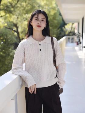 满天星闪耀亮片POLO领绞花毛衣 粗针麻花辫针编织 进口AG长绒棉纱线 绞花工艺织造 G0716