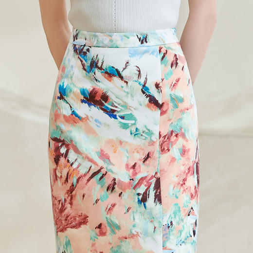 米思阳2025秋季新款优雅知性印花半身裙修身显瘦开叉一步裙女0453 商品图4