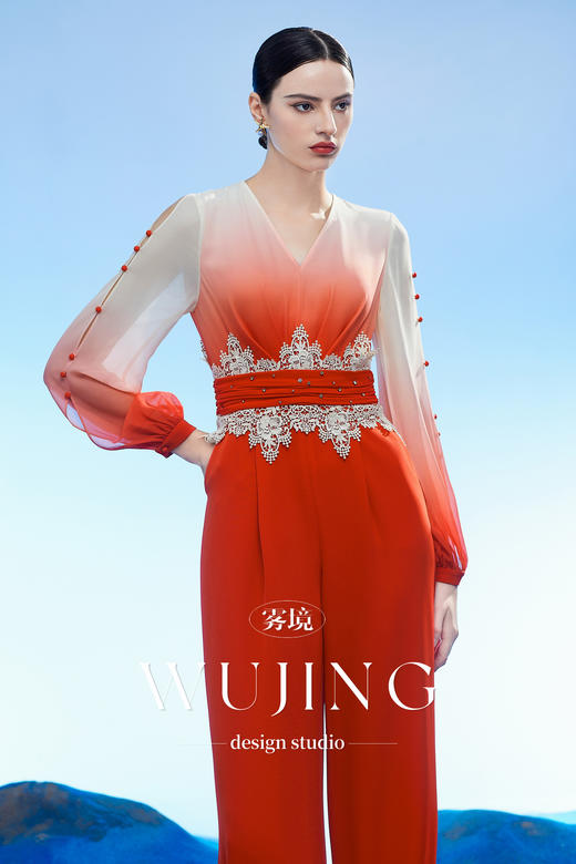 3204061 云漫琉璃 进口纹理蜂窝缎连体裤 雾境 商品图3