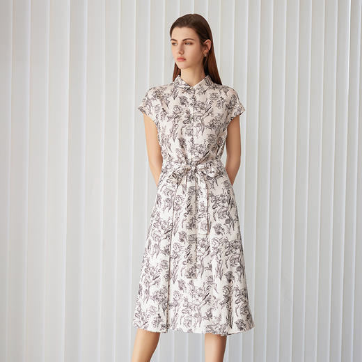 【衬衫领桑蚕丝连衣裙】24年春夏新款女士100%桑蚕丝中长款连衣裙系带显瘦裙子 商品图2