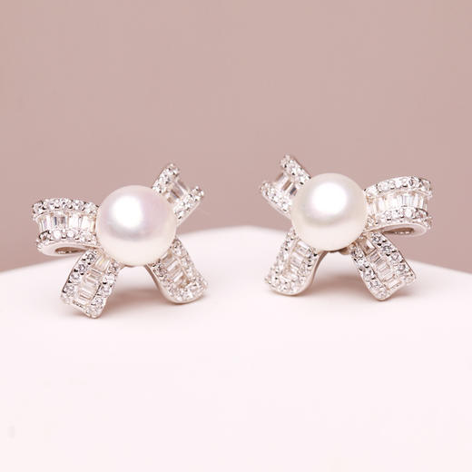 美裕 蝴蝶结 925银淡水珍珠耳钉6-7mm 101785 商品图2
