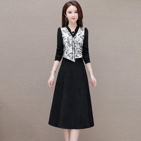 修身时尚，春款中长款印花长袖内搭打底裙通勤假两件连衣裙QYM-KSY-XYY09-L