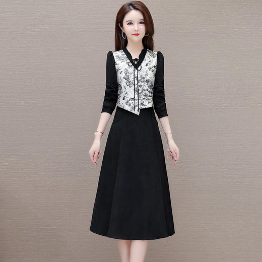 修身时尚，春款中长款印花长袖内搭打底裙通勤假两件连衣裙QYM-KSY-XYY09-L 商品图0