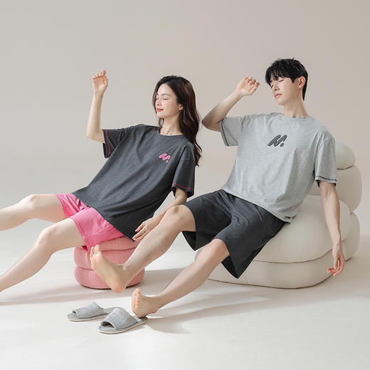 【抗菌新疆棉】自然醒灰色空间夏季纯棉短袖情侣睡衣纯色短裤大码家居服男凉爽7A抗菌新疆棉套装JLM 商品图0