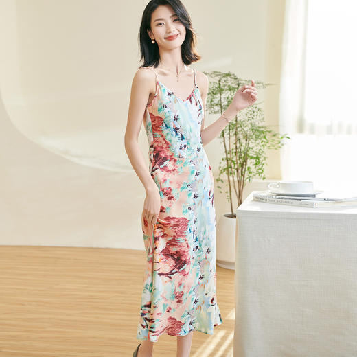 剩S/M 米思阳2026春季新款优雅气质印花吊带裙修身无袖搭配连衣裙女0396 商品图1