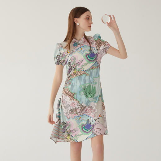 谜底新中式连衣裙短袖2024夏款复古印花国风旗袍裙抽绳246ML7026 商品图1