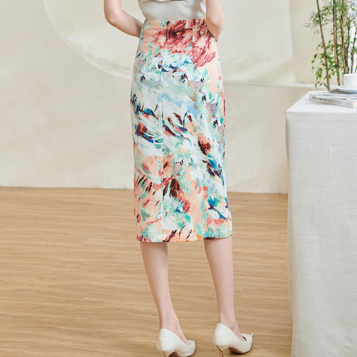 米思阳2025秋季新款优雅知性印花半身裙修身显瘦开叉一步裙女0453 商品图3