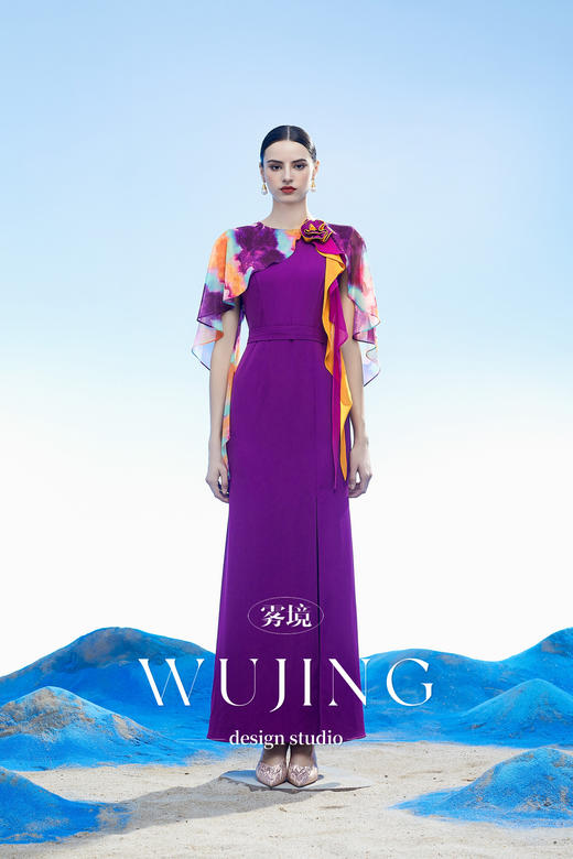 3204101 黄沙黛紫 韩国进口水晶乔其纱进口斜纹织锦缎连衣裙 雾境 商品图3