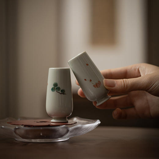 束刻秘青手绘文人雅植闻香杯/秘青釉手绘聚香杯 陶瓷 岩茶用喝茶单杯品茗杯 高款杯 商品图0