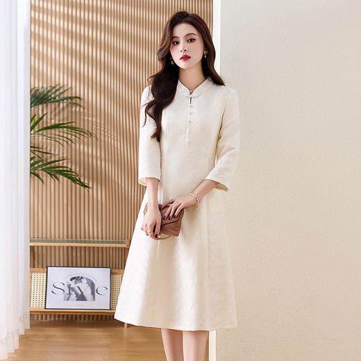 WZNHWL97269 新中式风立领领口提花连衣裙女2024年春季上新气质时尚复古轻奢 商品图0