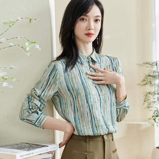 波纹油画皱感肌理 自然松弛 米思阳2026春季新款通勤复古原创印花衬衫宽松显瘦职业上衣女0194/1060 商品图2
