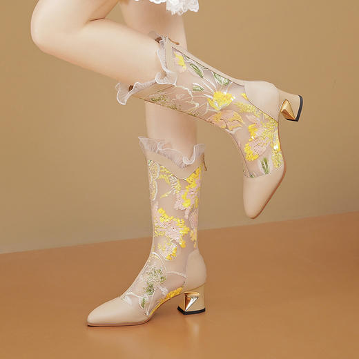 【预售5天】真皮高筒绣花凉鞋，中跟网纱凉靴单靴ALS-2413 商品图2