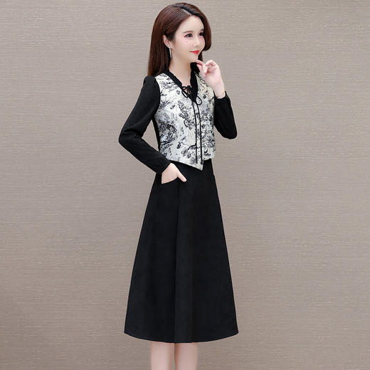 修身时尚，春款中长款印花长袖内搭打底裙通勤假两件连衣裙QYM-KSY-XYY09-L 商品图1