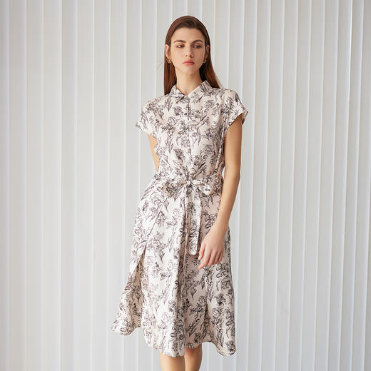 【衬衫领桑蚕丝连衣裙】24年春夏新款女士100%桑蚕丝中长款连衣裙系带显瘦裙子 商品图0