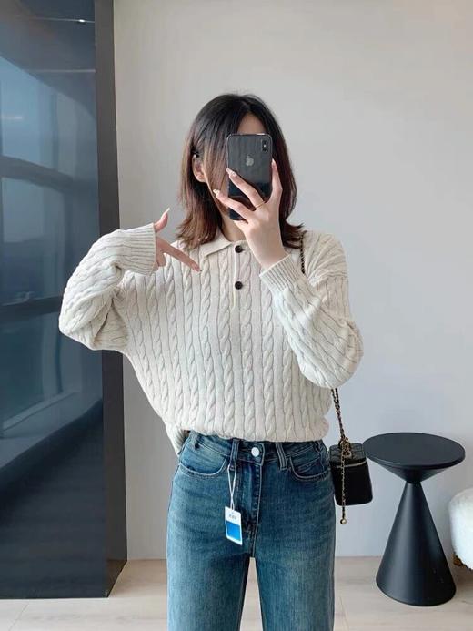 满天星闪耀亮片POLO领绞花毛衣 粗针麻花辫针编织 进口AG长绒棉纱线 绞花工艺织造 G0716 商品图3