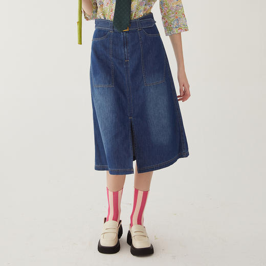 谜底高腰牛仔半身裙2024夏季新款A型前开叉中长裙配腰带246MB7002 商品图0
