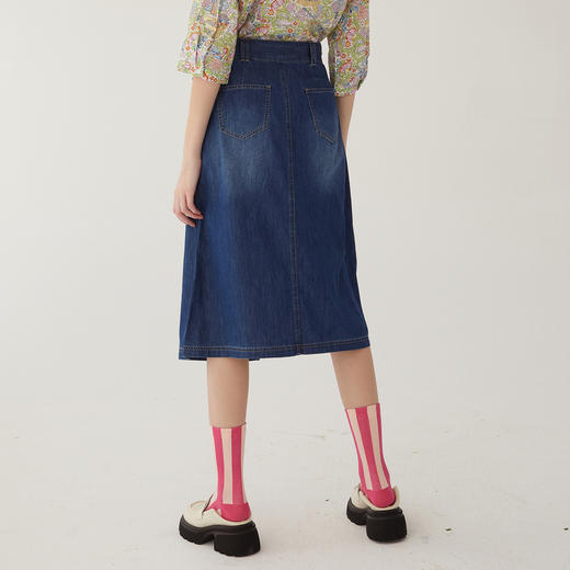 谜底高腰牛仔半身裙2024夏季新款A型前开叉中长裙配腰带246MB7002 商品图2