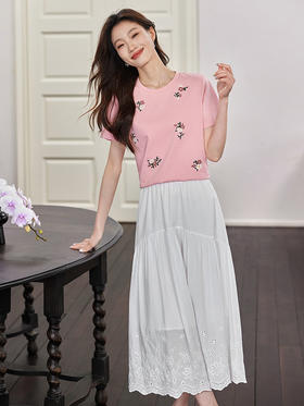 【专属特价】熙世界索罗娜凉感T恤女短袖2025夏新款刺绣花卉设计感圆领上衣