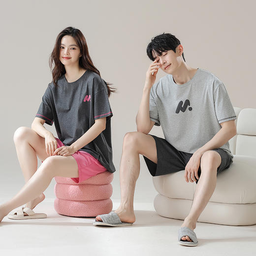 【抗菌新疆棉】自然醒灰色空间夏季纯棉短袖情侣睡衣纯色短裤大码家居服男凉爽7A抗菌新疆棉套装JLM 商品图2