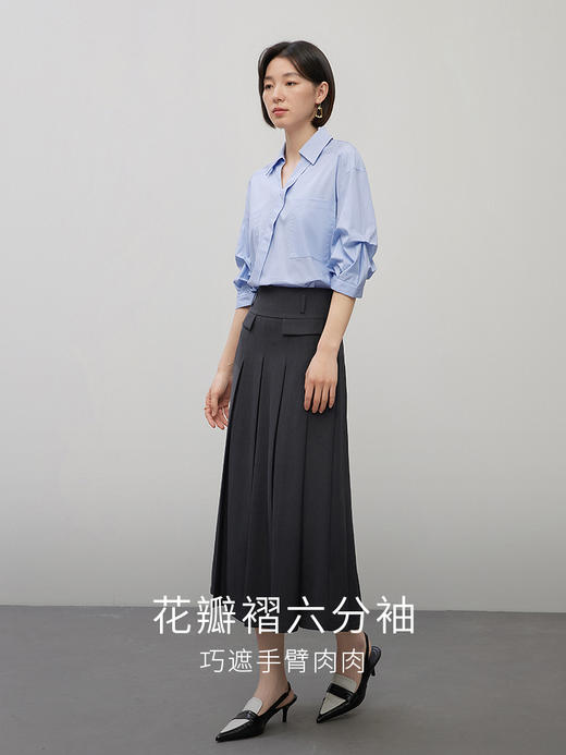 【专属特价】熙世界设计感五分袖衬衣女2025秋夏新款别致洋气褶皱气质衬衫上衣 商品图2