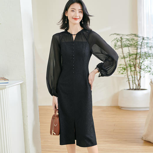 剩S/M/L/XL 米思阳2026春季新款优雅新中式黑色连衣裙修身显瘦泡泡袖裙子0890 商品图1