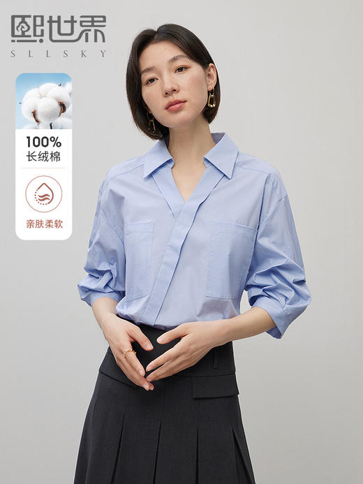 【专属特价】熙世界设计感五分袖衬衣女2025秋夏新款别致洋气褶皱气质衬衫上衣 商品图0