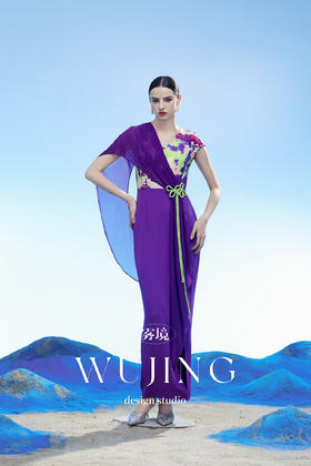 3204113 玉碧紫鸾 韩国进口水晶乔其纱进口纹理蜂窝缎连衣裙 雾境