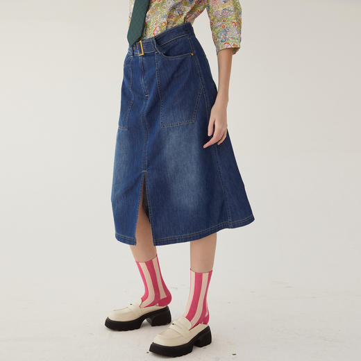 谜底高腰牛仔半身裙2024夏季新款A型前开叉中长裙配腰带246MB7002 商品图1