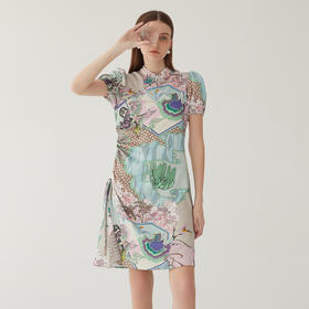 谜底新中式连衣裙短袖2024夏款复古印花国风旗袍裙抽绳246ML7026