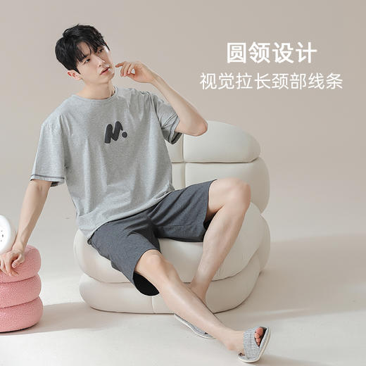 【抗菌新疆棉】自然醒灰色空间夏季纯棉短袖情侣睡衣纯色短裤大码家居服男凉爽7A抗菌新疆棉套装JLM 商品图6