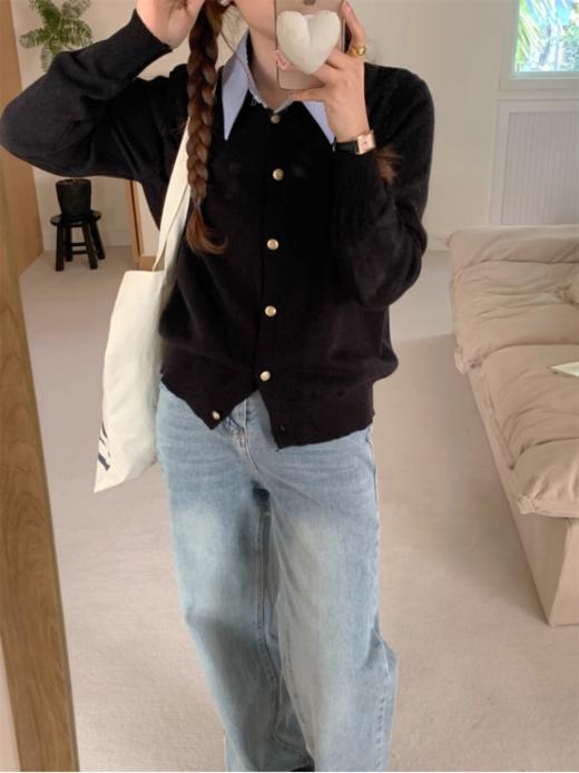 💥【早春衬衫领拼接气质百搭针织开衫-N589】👍 🔺1.黑色针织衫与蓝色条纹衬衫领相结合既保留了✅针织衫的温暖舒适又增添了衬衫的干练气质⭐ 商品图0