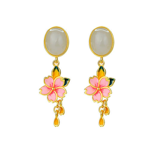 S925纯银镶和田烟紫玉珐琅彩粉色花朵耳饰耳钉HBL 商品图4