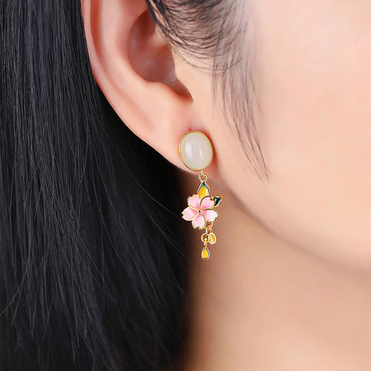 S925纯银镶和田烟紫玉珐琅彩粉色花朵耳饰耳钉HBL 商品图3