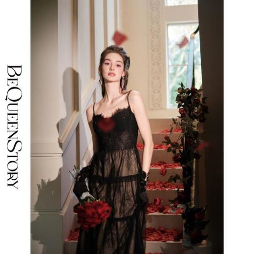 【孤品样衣，不退不换】【黑天鹅晚宴】法式蕾丝网纱钉珠压褶气质吊带连衣裙 商品图2