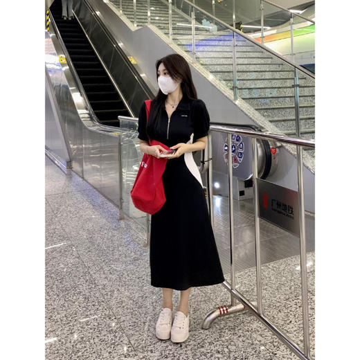 春夏季【大码polo领连衣裙】短袖拉链胖mm显瘦修身 纯欲黑色a字包臀裙 商品图5