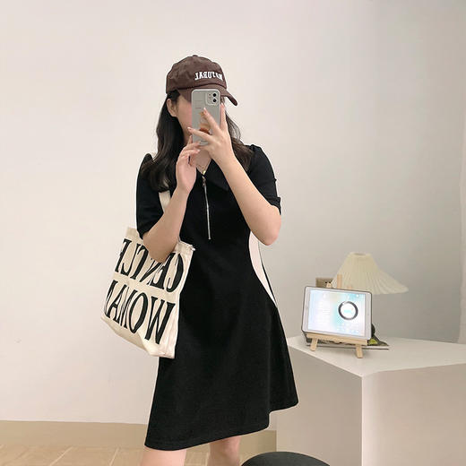 春夏季【大码polo领连衣裙】短袖拉链胖mm显瘦修身 纯欲黑色a字包臀裙 商品图3