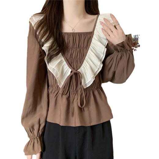 春夏新款【法式方领 荷叶边长袖打底衫】胖MM显瘦泡泡袖减龄上衣 大码遮肚子衬衫 商品图4