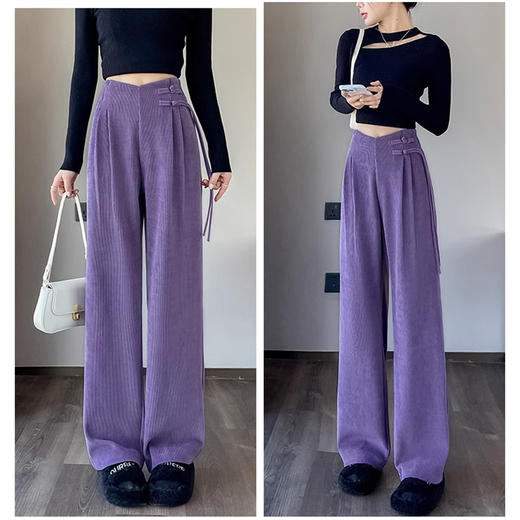 AS208灯芯绒裤子女秋冬加绒加厚雪尼尔阔腿裤新中式高腰显瘦休闲裤 商品图3