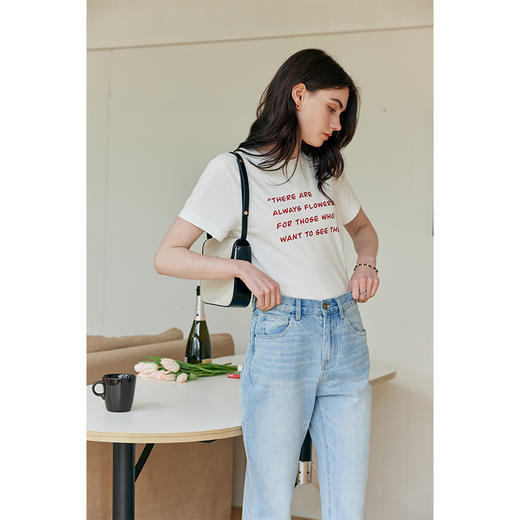 HeyDress植物印花短袖t恤女夏季圆领宽松休闲感半袖白色百搭上衣 商品图2