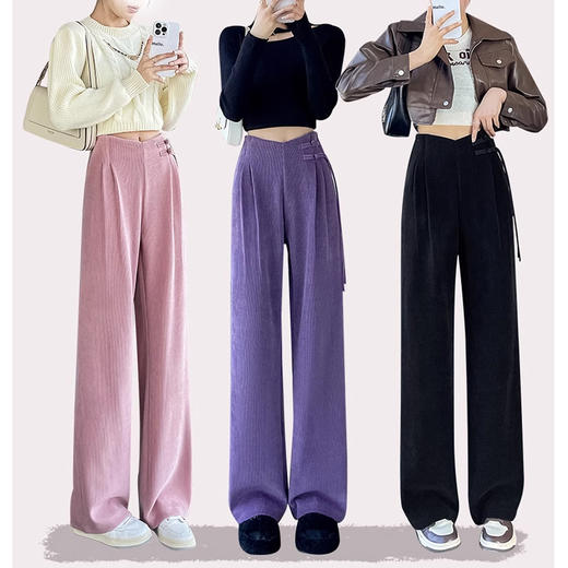 AS208灯芯绒裤子女秋冬加绒加厚雪尼尔阔腿裤新中式高腰显瘦休闲裤 商品图5