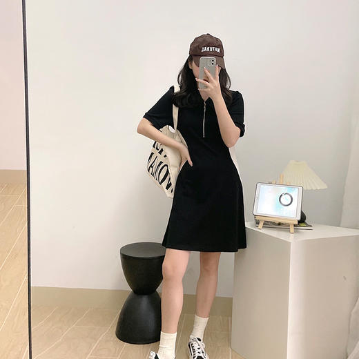 春夏季【大码polo领连衣裙】短袖拉链胖mm显瘦修身 纯欲黑色a字包臀裙 商品图1
