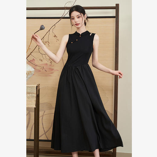 西遇新中式连衣裙女新款黑色镂空拼接国潮改良小黑裙11531698 商品图0