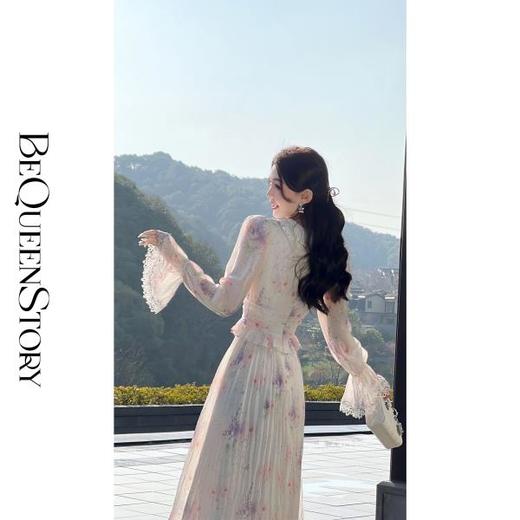 BeQueenStory【晴空鸢尾】重工印花炫彩钻烫银气质优雅复古连衣裙 商品图3